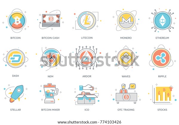 Bitcoin Blockchain Cryptocurrency Flat Icons Including Stock - 